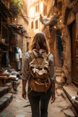 A solo traveler wandering through narrow alleyways in an ancient city, discovering hidden gems and local treasures