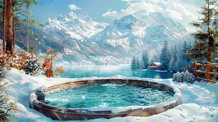 Open-air bath interior near forest, winter, snow view. hot tub outside - obrazy, fototapety, plakaty