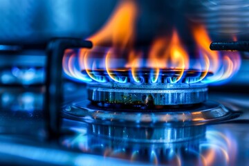 A close-up image capturing the intense blue flames of a gas stove burner, highlighting the power of fire