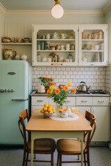 A vintage-inspired kitchen featuring a table and refrigerator. The retro appliances add character to the room, creating a cozy and nostalgic atmosphere