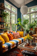 An eclectic living room mixing patterns, textures, and styles for a vibrant and dynamic space