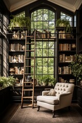 Fototapeta na wymiar An elegant home library featuring floor-to-ceiling bookshelves, a cozy reading chair, and a rolling library ladder