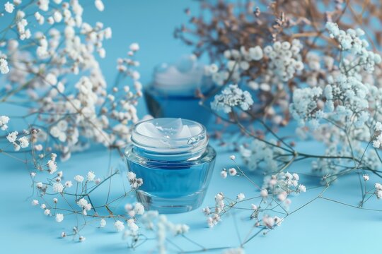 Face Skin care test skin care cream. Skincare beauty cosmetic products: lip balm, Microdermabrasion lotion, moisturiser, skincare silk eye gel, Balanced serum and alcohol based sanitizer jar pot