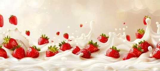 Levitating milk or yogurt splash with falling strawberries, fresh fruit in motion on white backdrop.