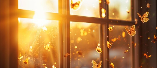 butterflies fly on window in the sun's golden rays - obrazy, fototapety, plakaty
