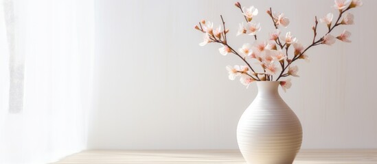 A white vase with fresh flowers sits on a wooden table, adding a touch of elegance and freshness to the room. The vase is the focal point of the arrangement, showcasing the beauty of the flowers.