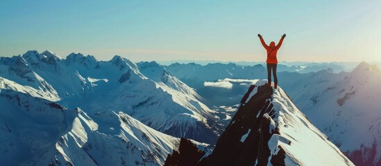 man on mountain top over sky and sun background - obrazy, fototapety, plakaty