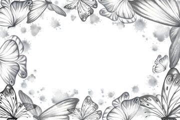 A frame of grey flying butterflies. A hand-drawn watercolor illustration. Isolate her. For printing, decoration of postcards, banners, flyers. For packaging and labels, greeting and invitation cards.