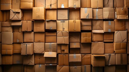 Vertical stack of cardboard boxes creating a visually dynamic arrangement. Concept Cardboard Boxes, Vertical Stack, Visual Arrangement, Dynamic Display