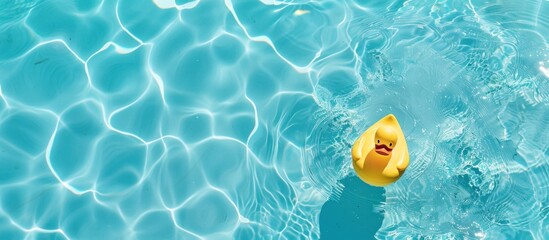yellow rubber ducks float in blue water pool - obrazy, fototapety, plakaty
