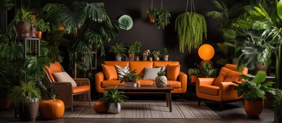The living room is adorned with numerous green plants, including fake plastic plants on the table and sofa set. The space is filled with vibrant greenery,