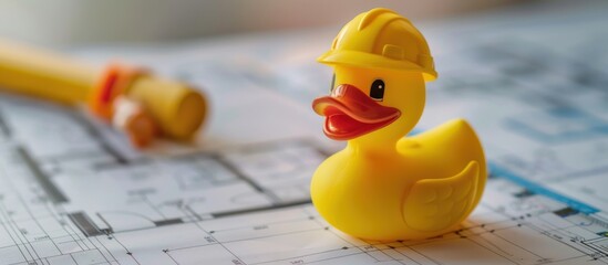 toy duck construction worker sitting on building plan - obrazy, fototapety, plakaty
