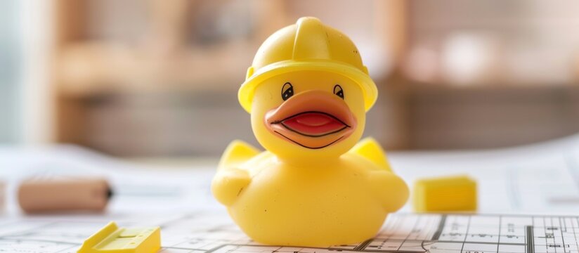 toy duck construction worker sitting on building plan