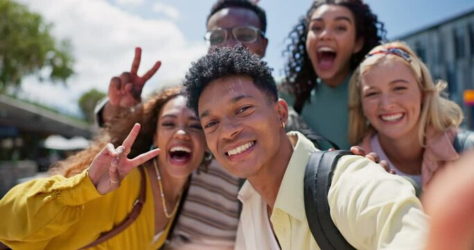 College student, friends and happy with selfie, hug and diversity at campus in summer with peace sign. Gen z group, women and men with emoji, solidarity or excited with social network at university