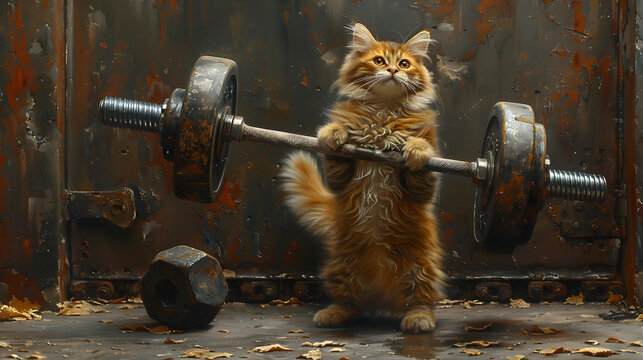 the cat lifted heavy bumble. concept for strongest, challenge, power, 