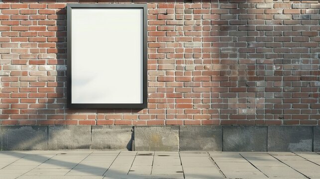 Mockup white billboard or poster hanging on the brick wall background. beside the city streets. AI generated illustration
