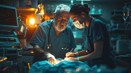 A man and a woman are sharing a medical procedure in the operating room - obrazy, fototapety, plakaty