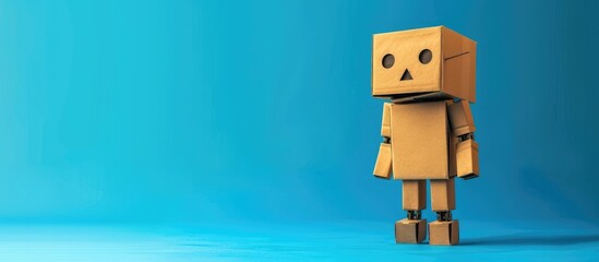 A DIY robotics toy handmade of cardboard stands tall in front of a blue panorama background. The robot exudes creativity and innovation, showcasing the fun of DIY projects and robotics.