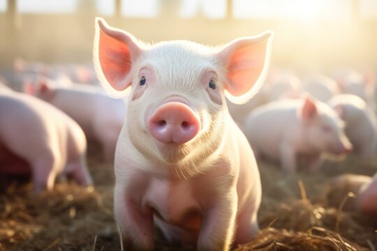 Cute pigs in a farm background. Piggy face closeup view