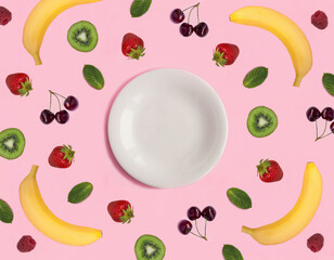 Empty white plate for text, fruit and berry on the pink background. Top view. Copy space.