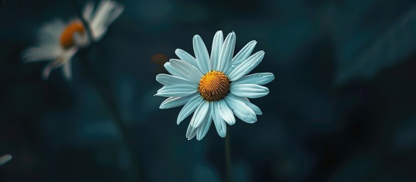 A detailed view of a daisy flower, showcasing its intricate petals and center, set against a softly blurred background. The image captures the vibrant colors and delicate features of the flower in