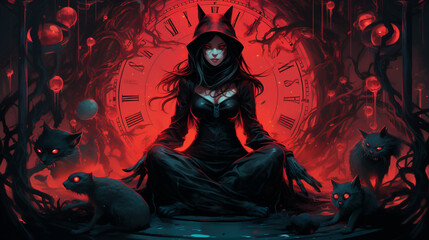 Hourglass witch in a techdominated hell naturea  s cleanliness juxtaposed with dark stockanimated animals