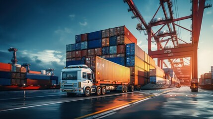 Container cargo freight ship during discharging at industrial port and move containers to container yard by trucks