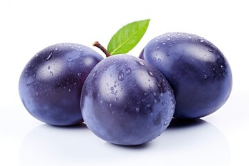 Purple plum set isolated on white background. Blue plum macro view