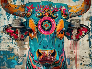 This image showcases a close-up of a life-sized bull sculpture, intricately adorned with bold, colorful patterns and motifs that include florals and geometric shapes, creating an almost symmetrical de