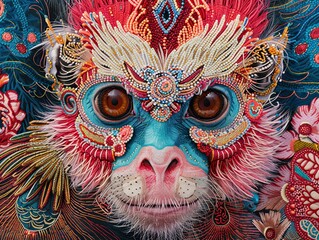 This image depicts a vibrantly colorful mask that features intricate beadwork and embroidery, creating the detailed visage of a monkey. The mask is adorned with a variety of patterns and embellishment