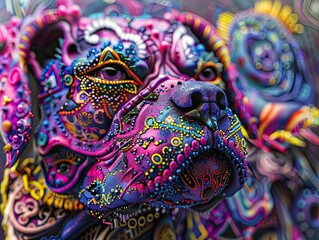 This is a highly detailed and surreal image of a dog, featuring a kaleidoscope of colors and complex, psychedelic patterns overlaying its face and body. The image portrays the animal with a mix of rea
