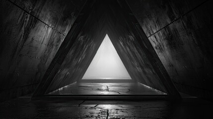 This is a black and white image depicting a symmetrical view looking out of a triangular opening in...