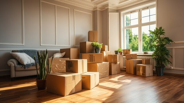 Concept of Moving Day Boxes in a New House