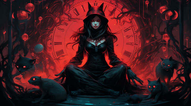 Hourglass witch in a techdominated hell naturea  s cleanliness juxtaposed with dark stockanimated animals