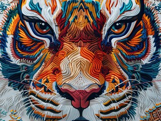 Fototapeta na wymiar This highly detailed close-up image showcases an exquisitely embroidered tiger face, featuring a rich tapestry of colors and textures that create an intricate and artistic representation of the majest
