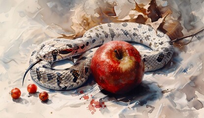 a snake and an apple - obrazy, fototapety, plakaty