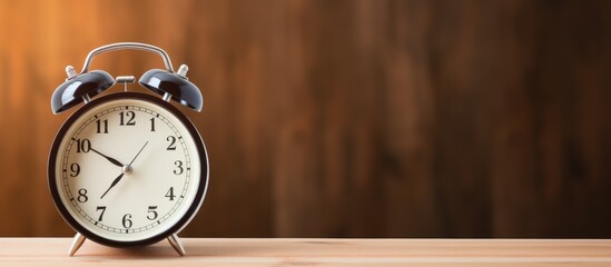 An alarm clock is positioned on top of a wooden table, displaying the time as a quarter to ten,...