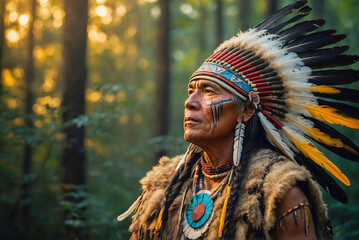 Native American Indian with feather headdress, traditional clothing and face paints next to trees in a forest
