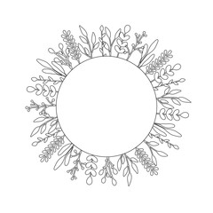Floral round circle template black outline vector illustration in pastel colors isolated on white background.