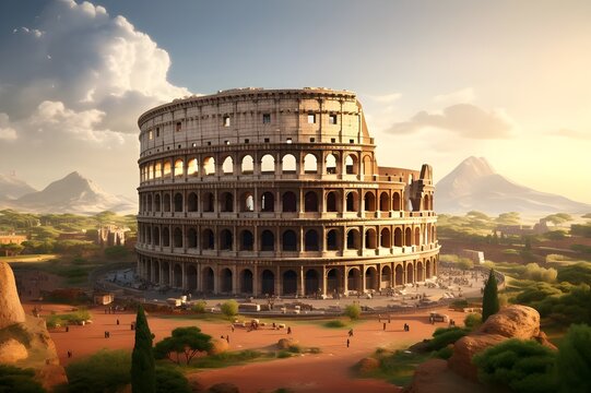 Ancient Roman Colosseum: A majestic view of the ancient Roman Colosseum, standing as a timeless symbol of architectural prowess.

