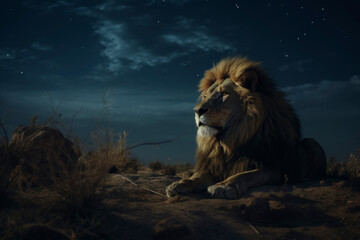 Majestic lion resting under a starry night sky in the wilderness. - obrazy, fototapety, plakaty