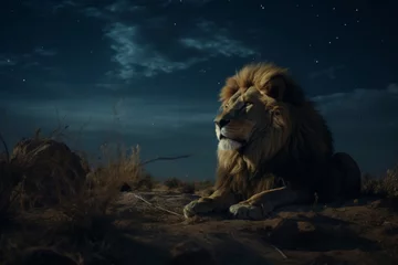 Gordijnen Majestic lion resting under a starry night sky in the wilderness. © spyrakot