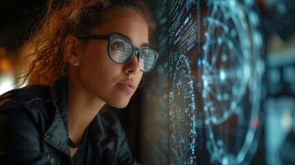 Person analyzing glowing data on screen, intense hightech mood.