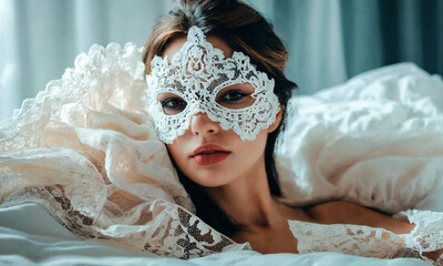 bride in a white mask in bed. Selective focus.