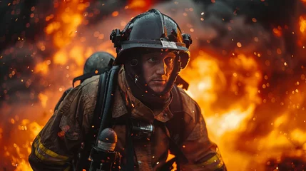 Fototapeten A firefighter in helmet faces a blazing wildfire in an action film scene © yuchen