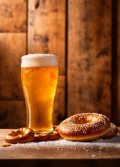 glass of beer and brezel. Selective focus.