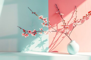 Delicate blossoms in a minimalist white vase with a contrasting pink and blue geometric background, exuding modern serenity