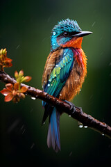 Portrait of a colour-radiant avian species perched on dew-drenched branch after rainfall