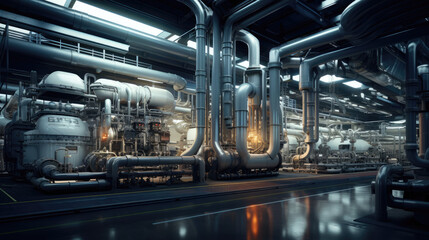 an image of industrial design containing pipes, machines, and other industrial equipment, latest technology in white and orange color with white color style.  