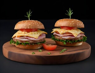 Gourmet Ham Cheese Burger and potatoes on a Wooden Serving Board Against Black Background